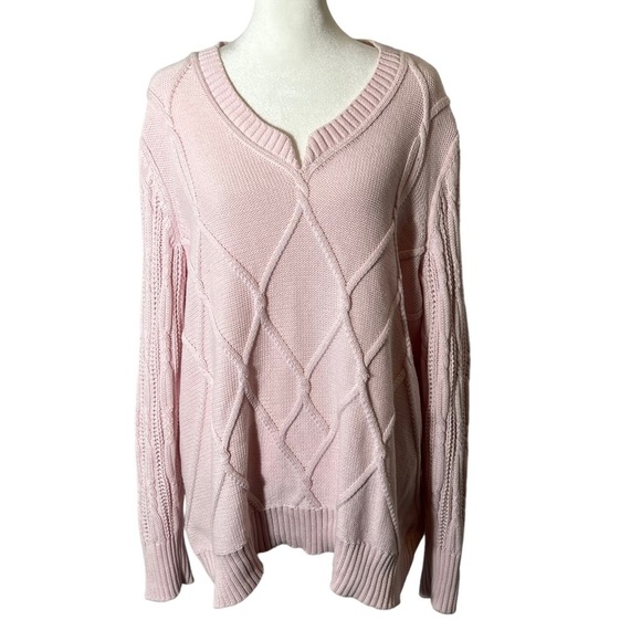 Lane Bryant Pink V- Neck Cable Knit Sweater - Picture 1 of 5